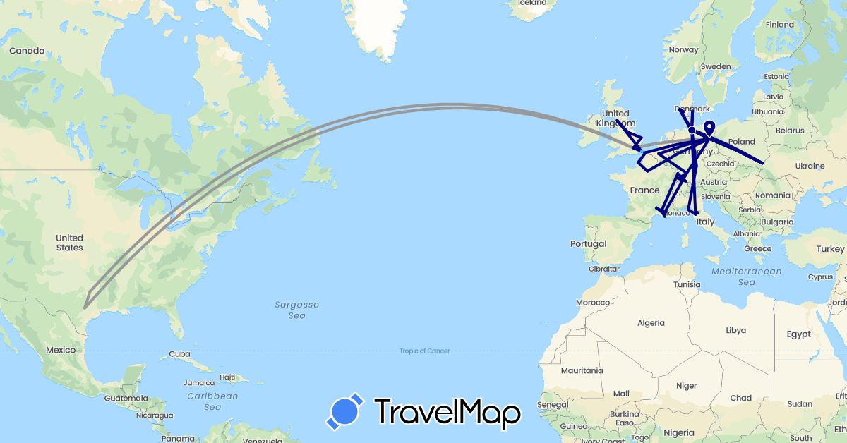 TravelMap itinerary: driving, bus, plane, boat in Belgium, Germany, Denmark, France, United Kingdom, Italy, Poland, United States (Europe, North America)